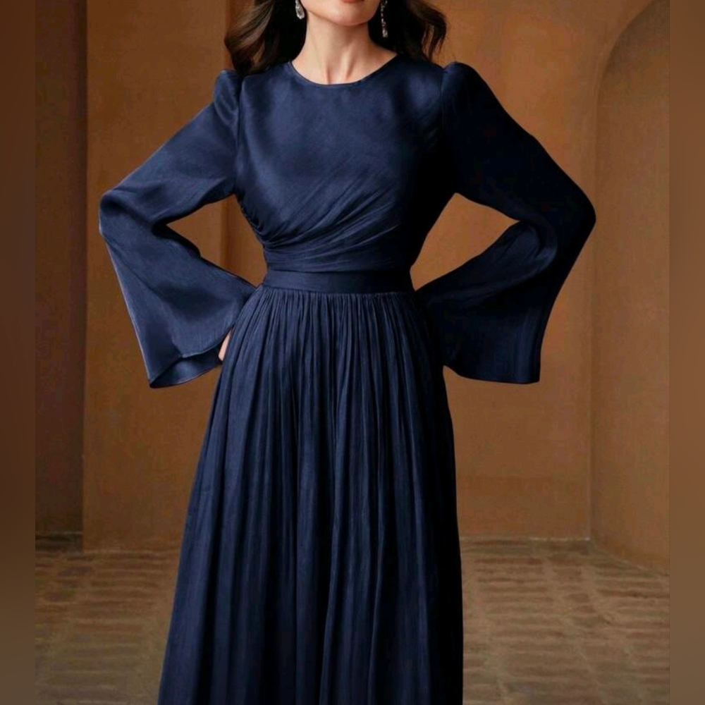 New Glam Gathered Top Flare Sleeve Maxi Dress Navy Blue - Picture 5 of 11